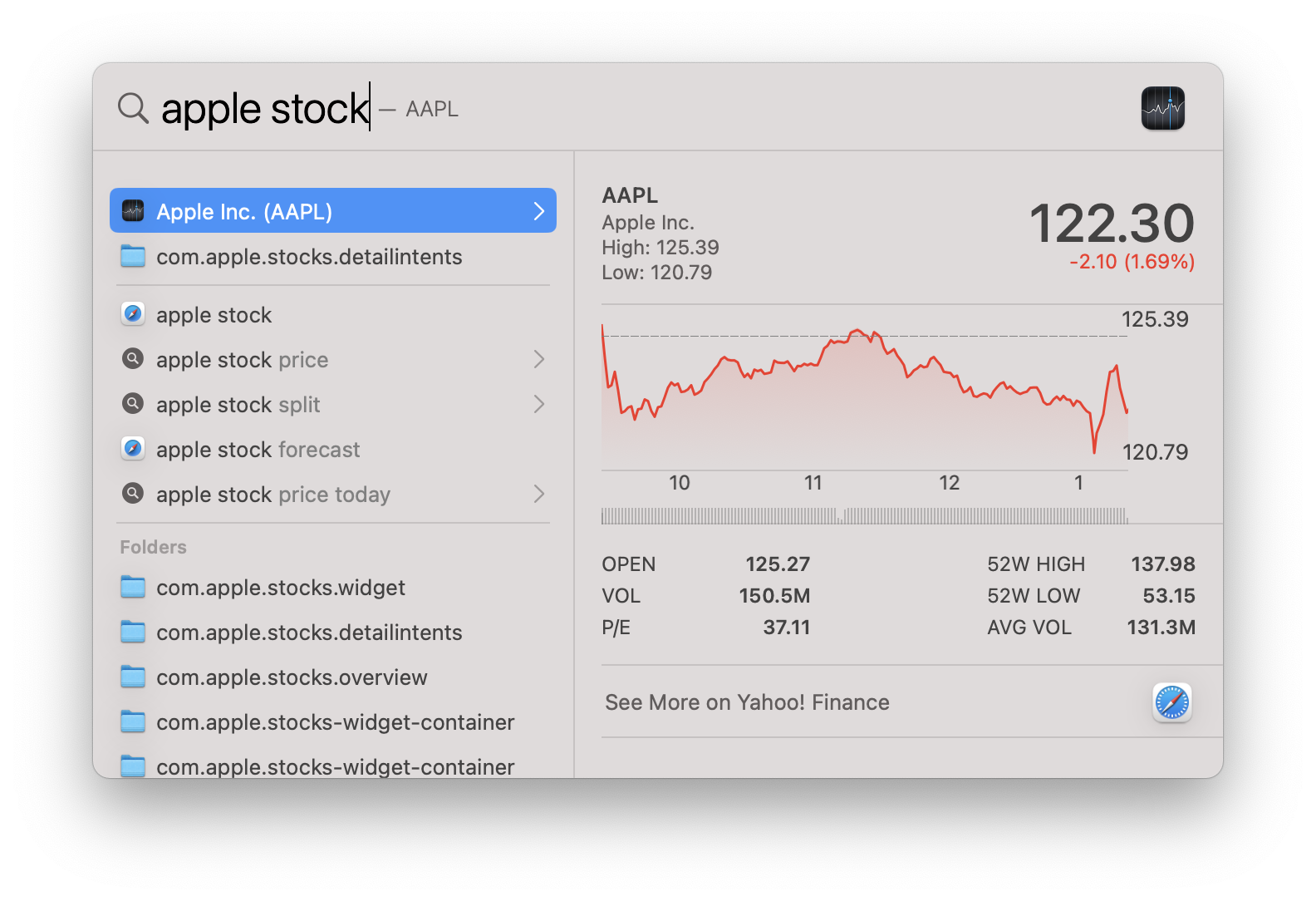 Spotlight "apple stock" screenshot